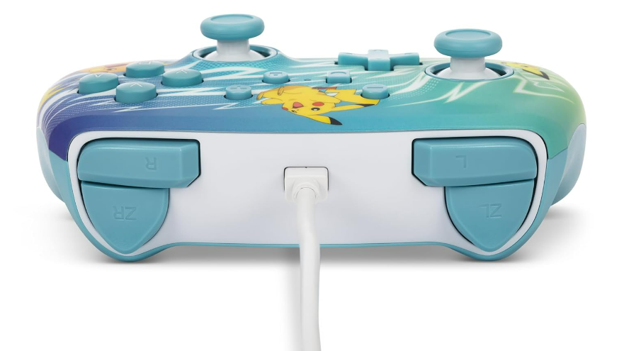 Ein Pikachu-Controller für Nintendo Switch mit weißem Kabelanschluss.