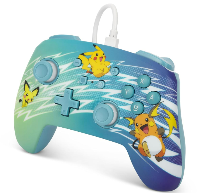 Ein blau-grüner Nintendo Switch Controller mit Pikachu und Raichu Grafiken. Tasten sind sichtbar.
