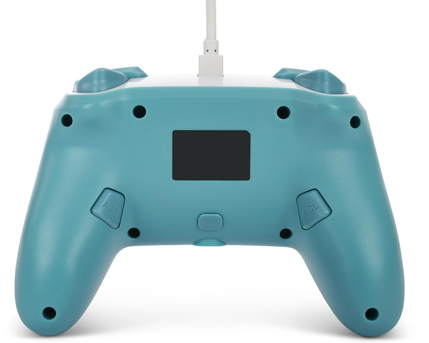 Rückseite eines türkis-farbenen Gamecontrollers mit den Tasten AGR und AGL, mit weißem Kabel.