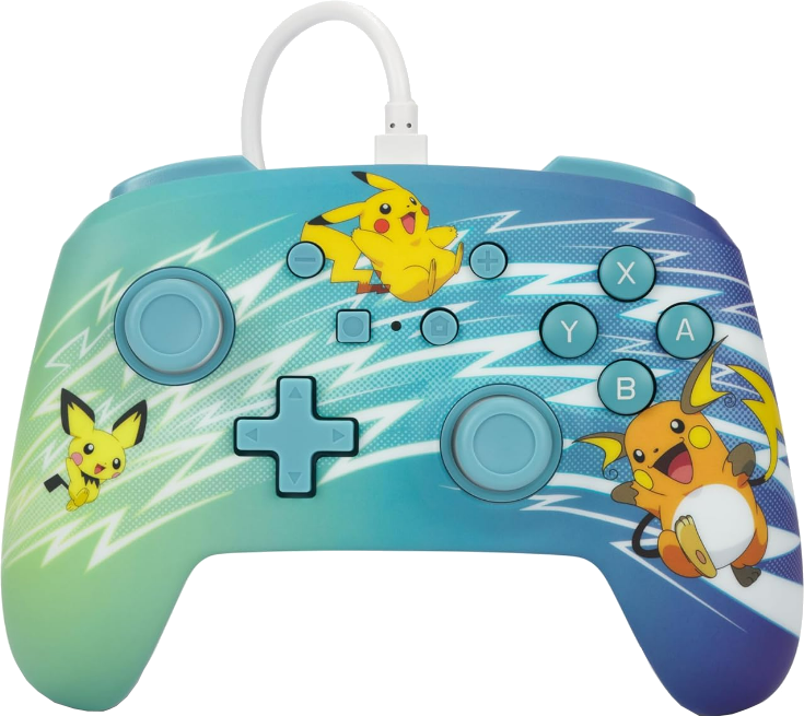 Pikachu-Spielcontroller. Gelbe Pikachu- und Raichu-Grafiken auf blau-grünem Farbverlauf.