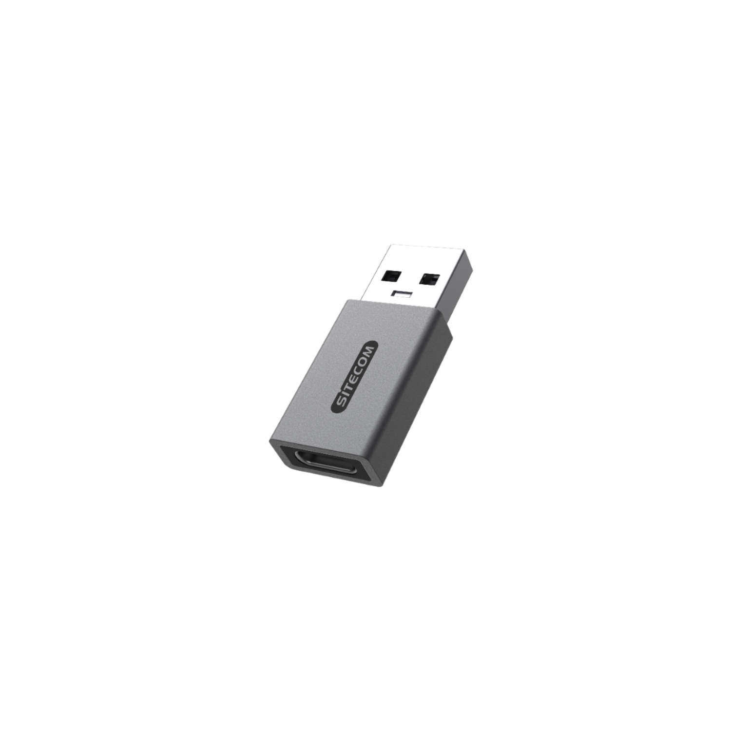 Zilveren USB-C naar USB-A adapter, op een zwarte achtergrond. Kleine, rechthoekige vorm.