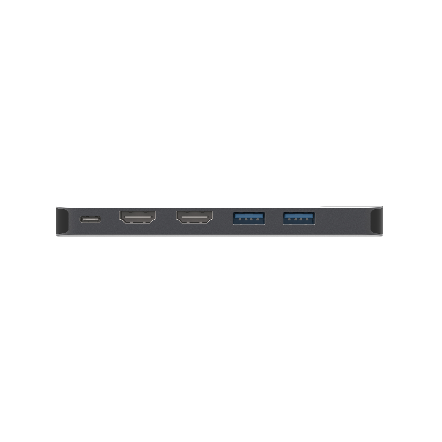 A close-up of a hub with multiple ports: USB-C, HDMI and USB. Dark background.