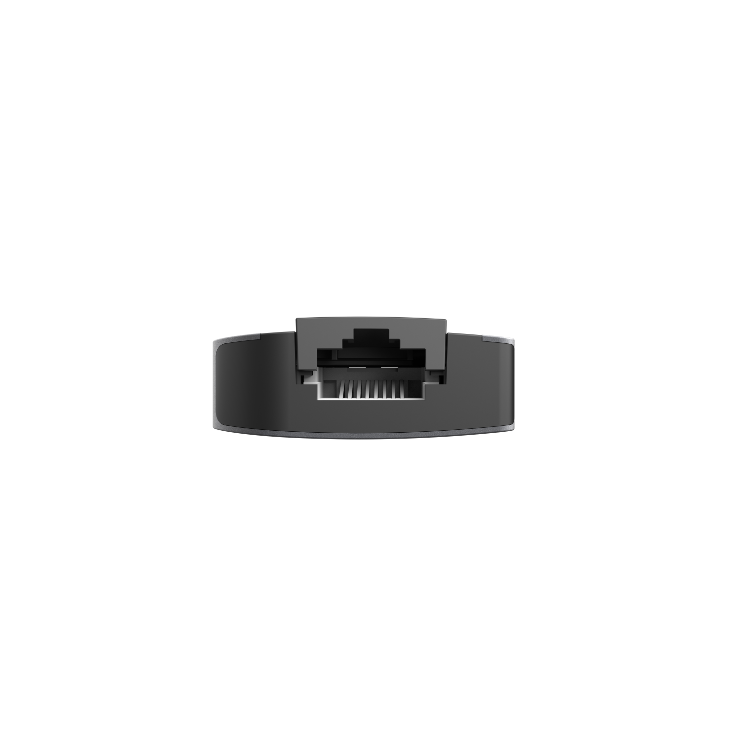 Close-up of a black and gray network adapter with an Ethernet port.