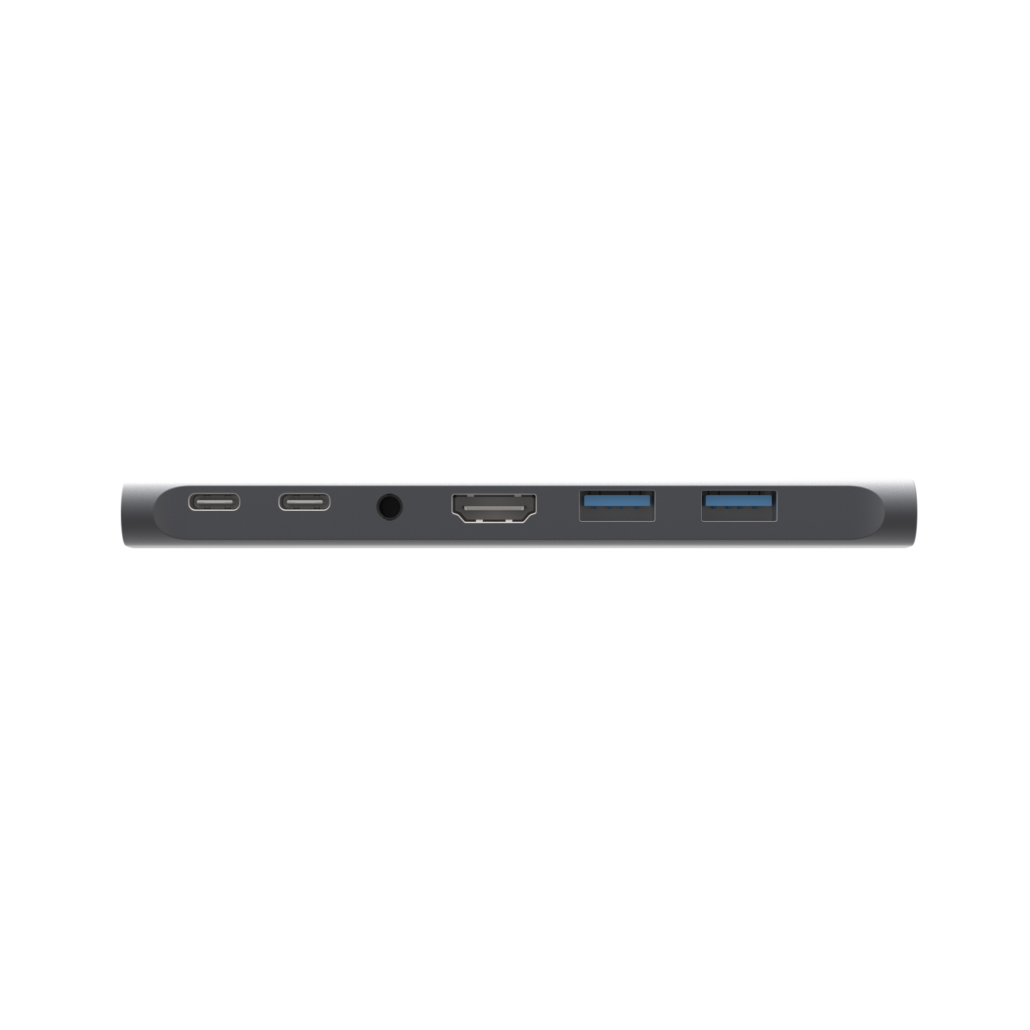 A silver, multi-port adapter with various ports, including USB and HDMI.