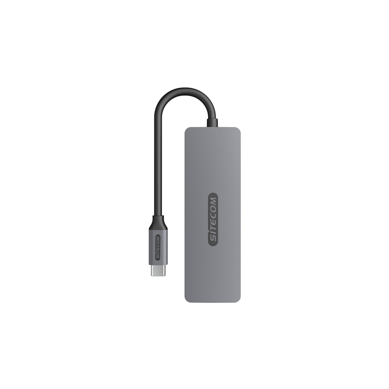 A gray USB-C hub with a black cable and the SITECOM logo on a black background.