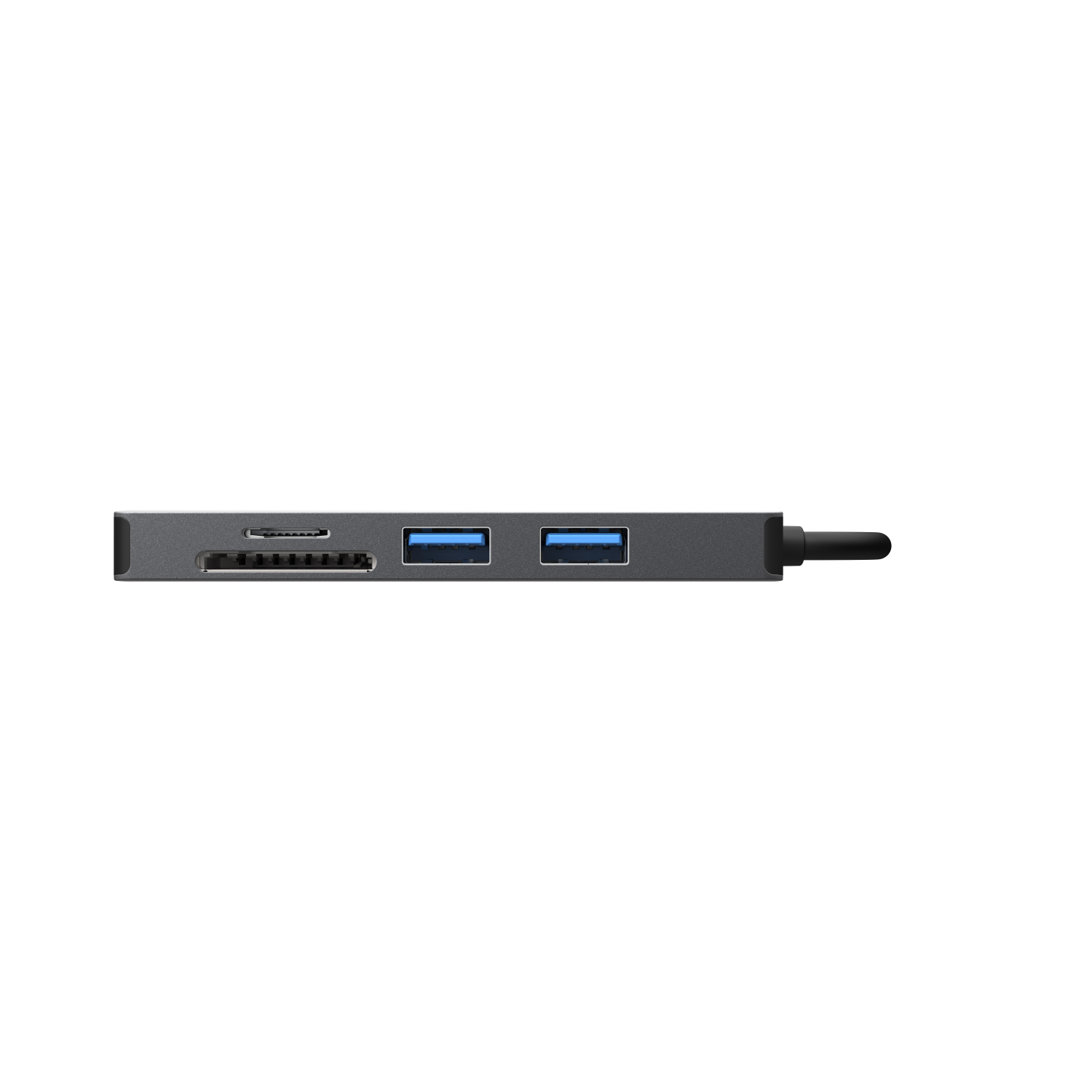 Gray USB hub with SD card slot and USB ports.