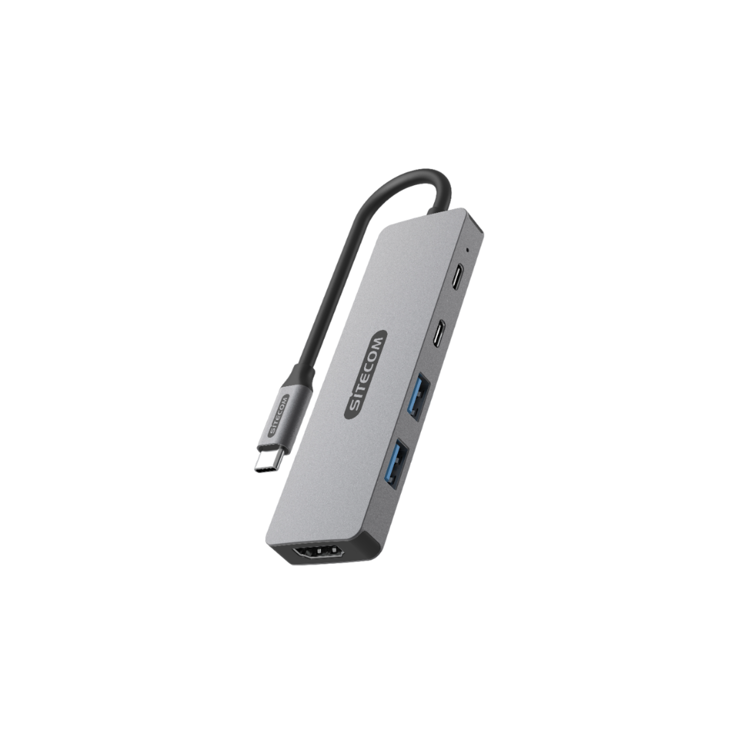 Gray SITECOM USB-C hub with a black cable and multiple ports. Isolated on black background.