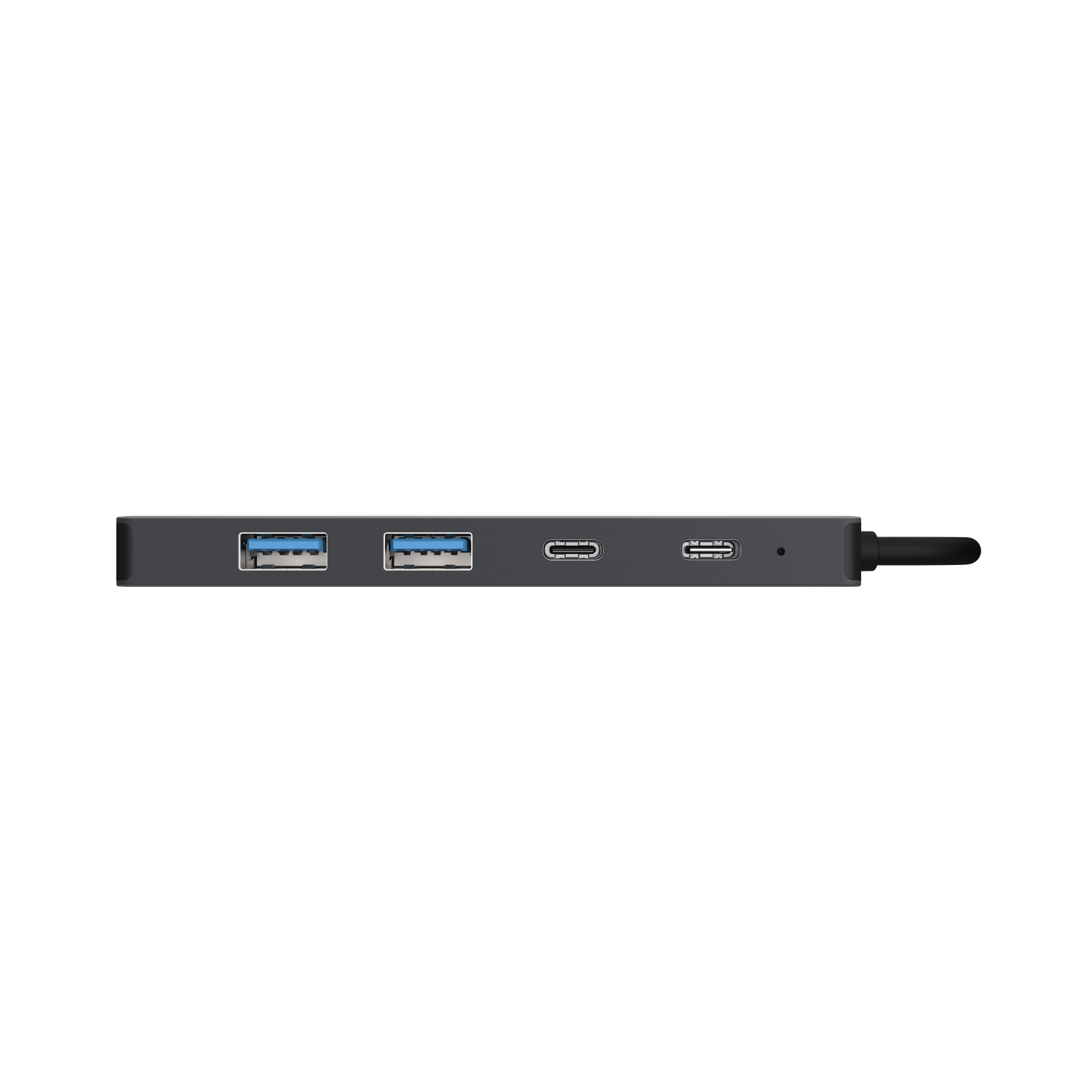Black USB hub with three USB ports, two USB-C ports, and a small black antenna.