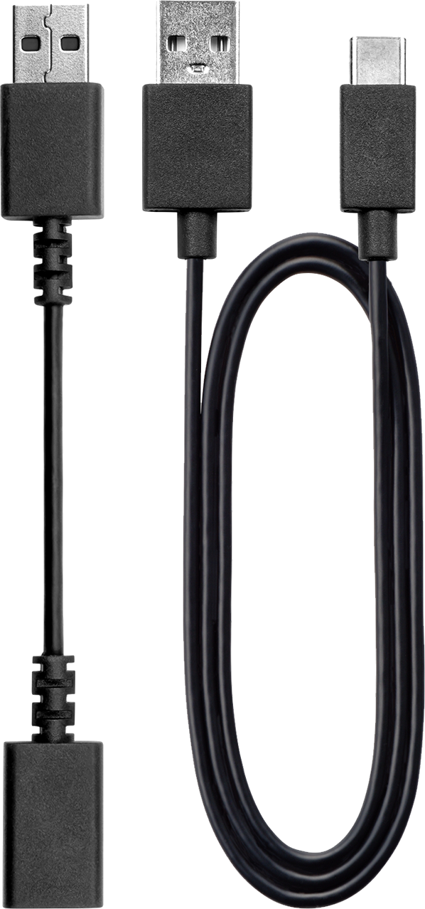 Schwarze USB-Kabel: USB zu USB und USB zu Typ-C. Isoliert auf schwarzem Hintergrund.