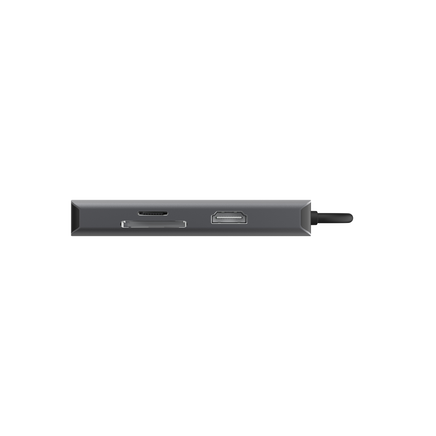 A gray USB hub with SD card and HDMI ports, with a cable attached.