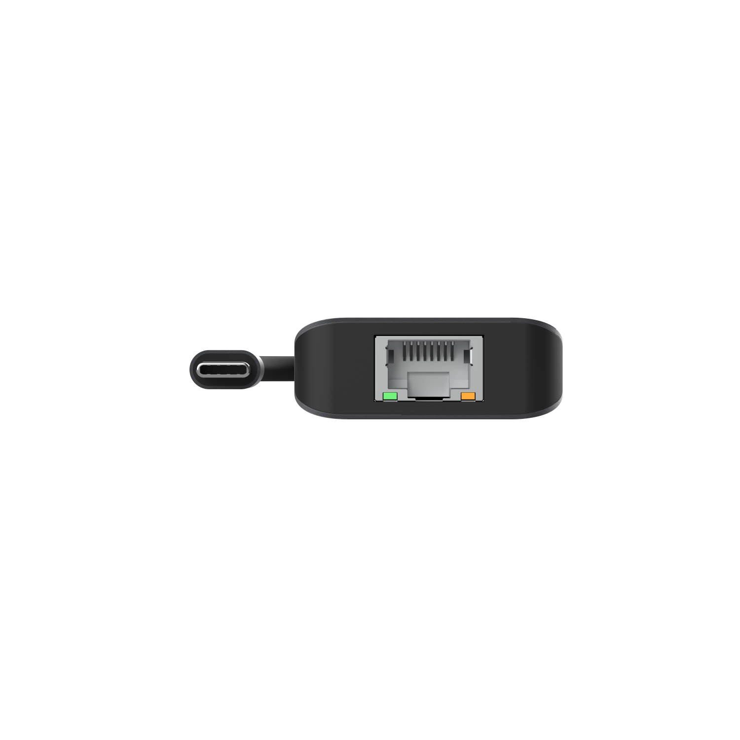 A black adapter with a USB-C connector and an Ethernet port, on a white background.