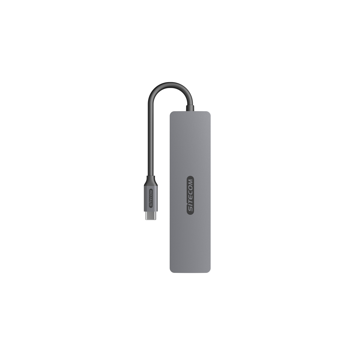 Gray USB-C hub with a black cable, labeled with the brand name "SITECOM" on a dark background.