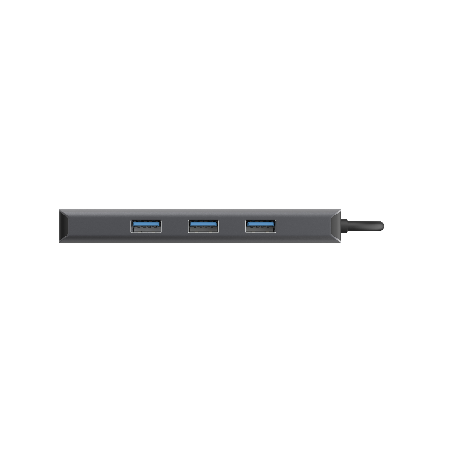 A gray USB hub with three ports. It is on a plain black background.