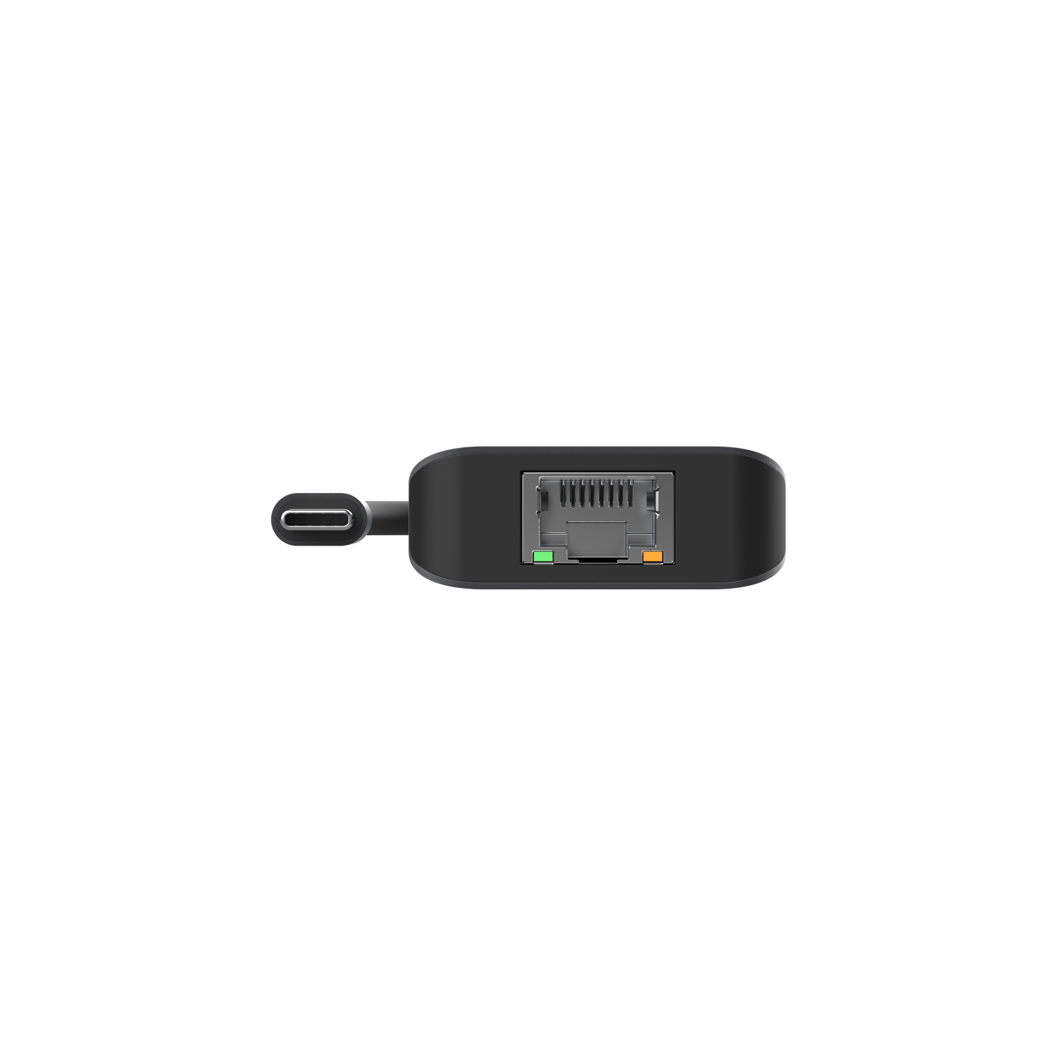 Black USB-C to Ethernet adapter with an Ethernet port and a USB-C connector.