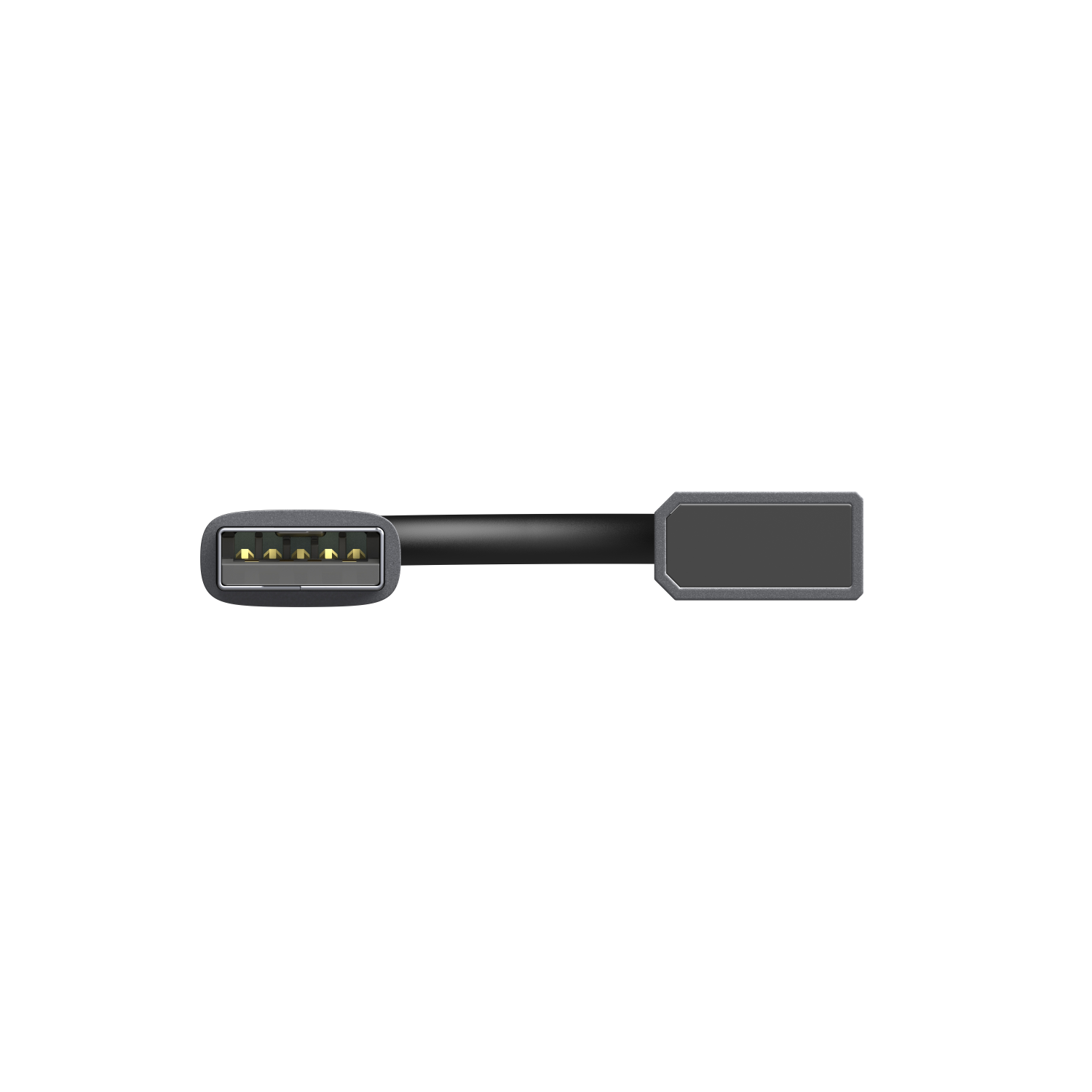 Close-up of a USB cable with a USB-A connector and a rectangular connector.