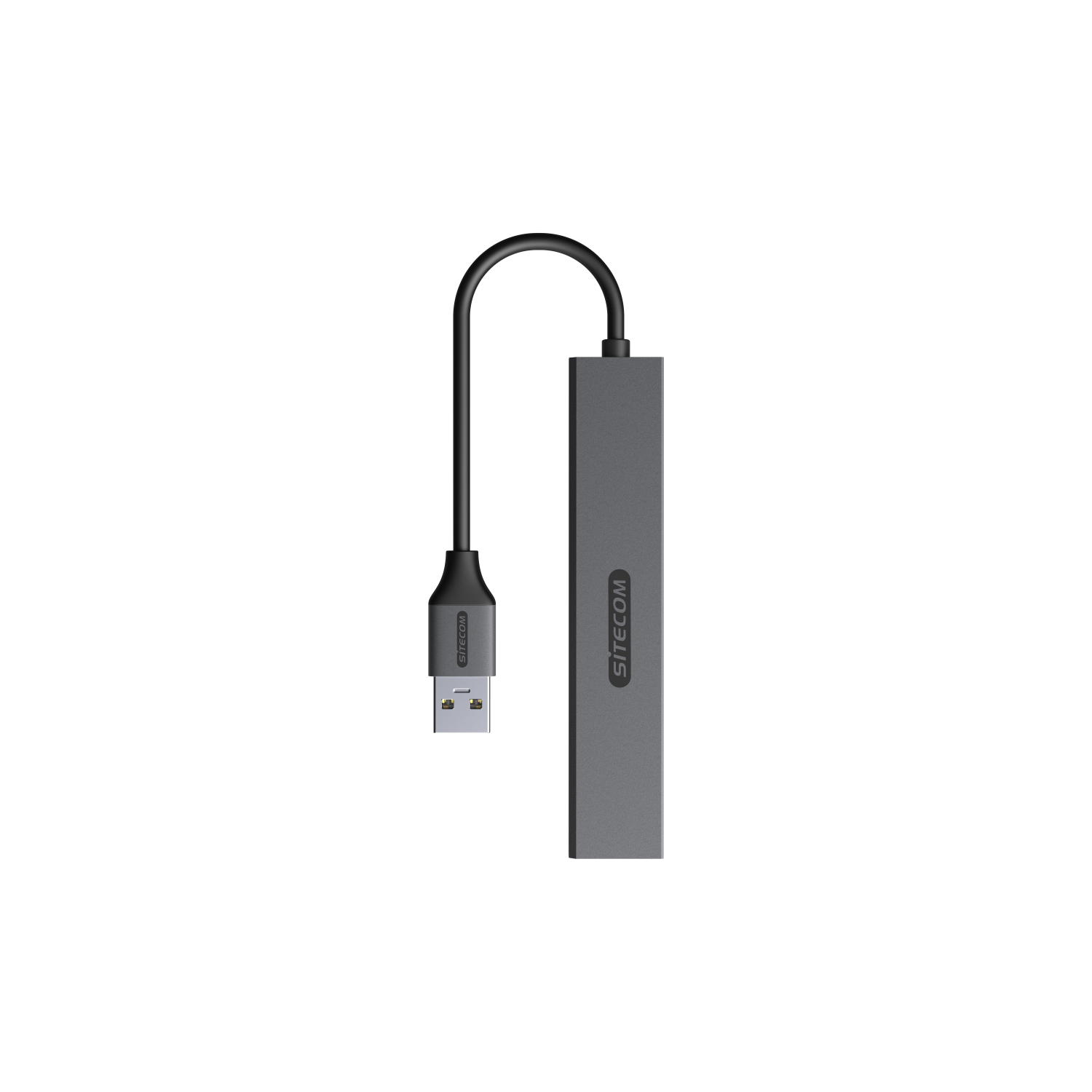 A gray Sitecom USB adapter with a black cable against a black background.