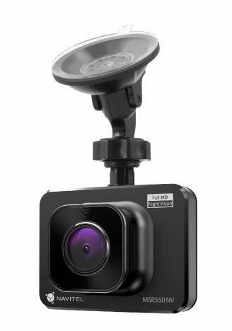 Czarna kamera samochodowa z mocowaniem na przyssawkę. Ma obiektyw i etykietę Full HD Night Vision.