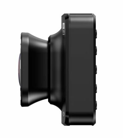 Widok z boku czarnego aparatu z obiektywem i przyciskami, na białym tle.