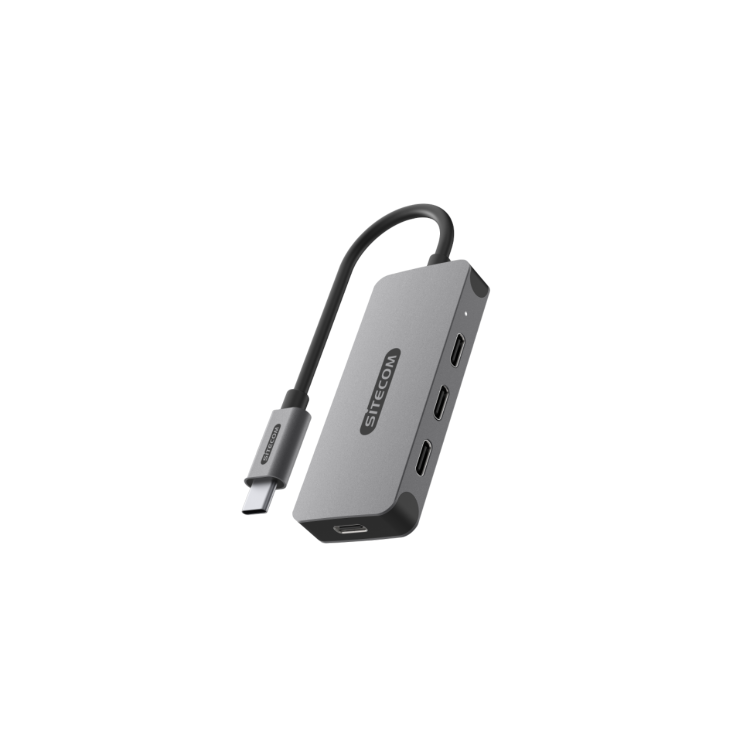 Silver USB-C hub with multiple ports. Black cable on a black background.