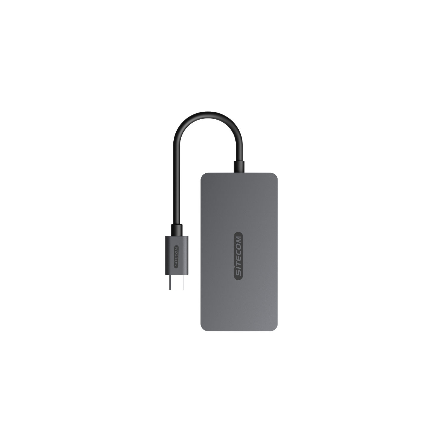 A gray SITECOM USB-C hub with a black cable. Isolated on a white background.