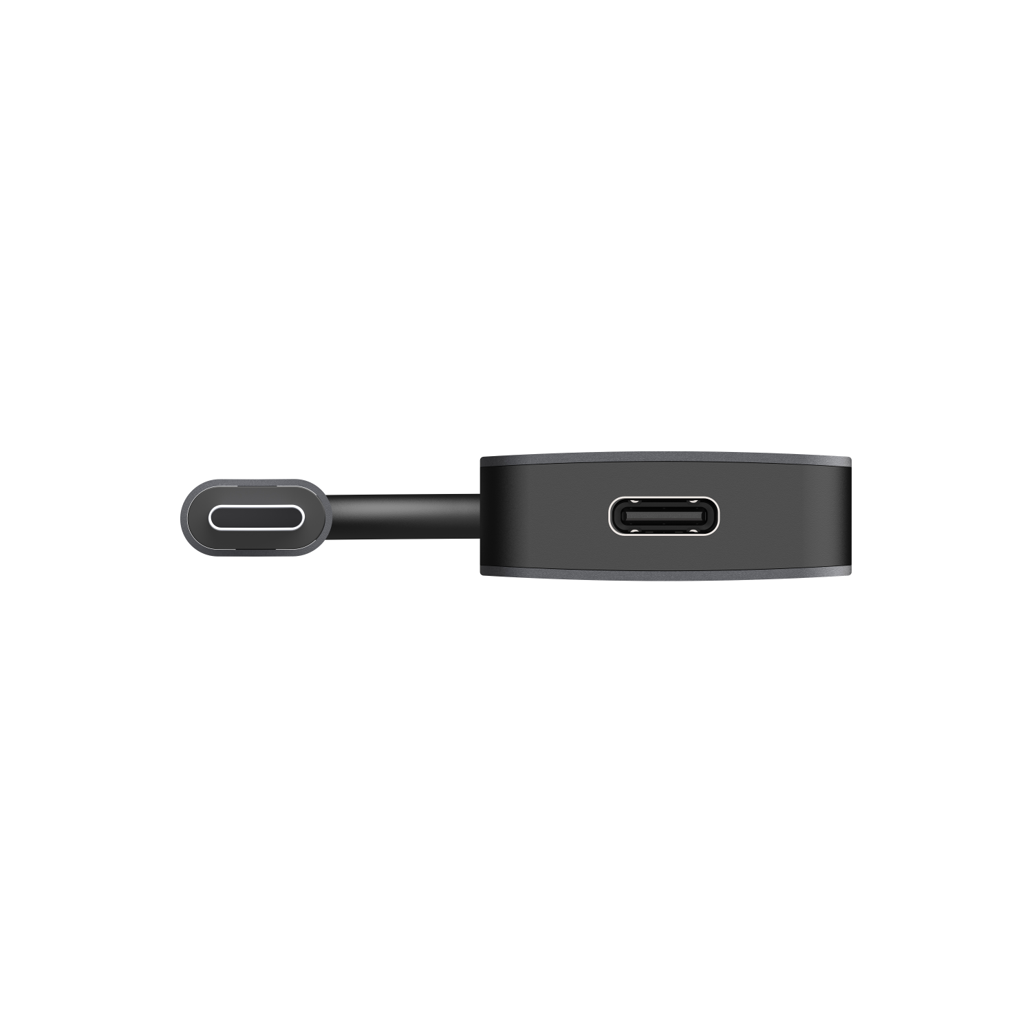 A black adapter with a USB-C connector and port, top view, against a black background.