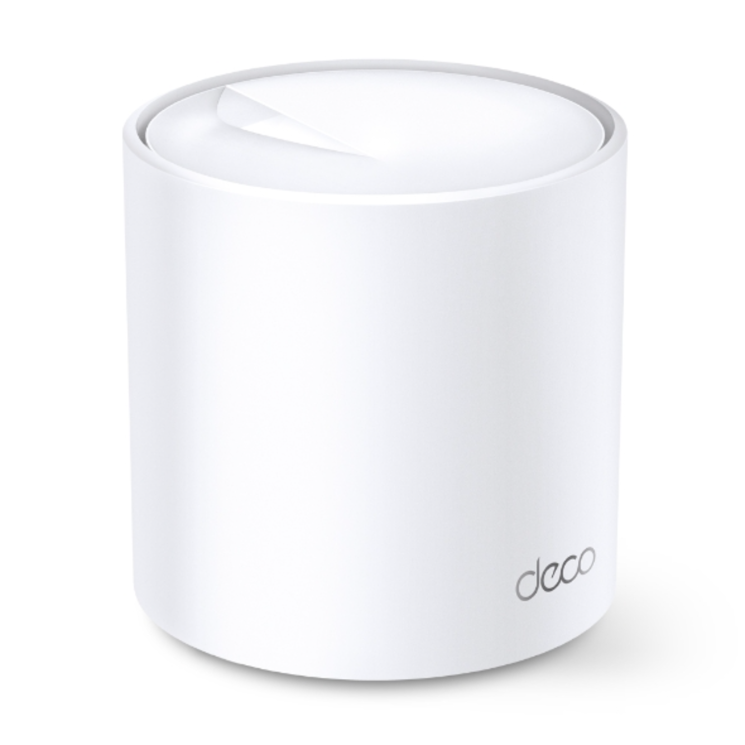 White cylindrical Deco mesh wifi router. Deco logo is visible on the front.