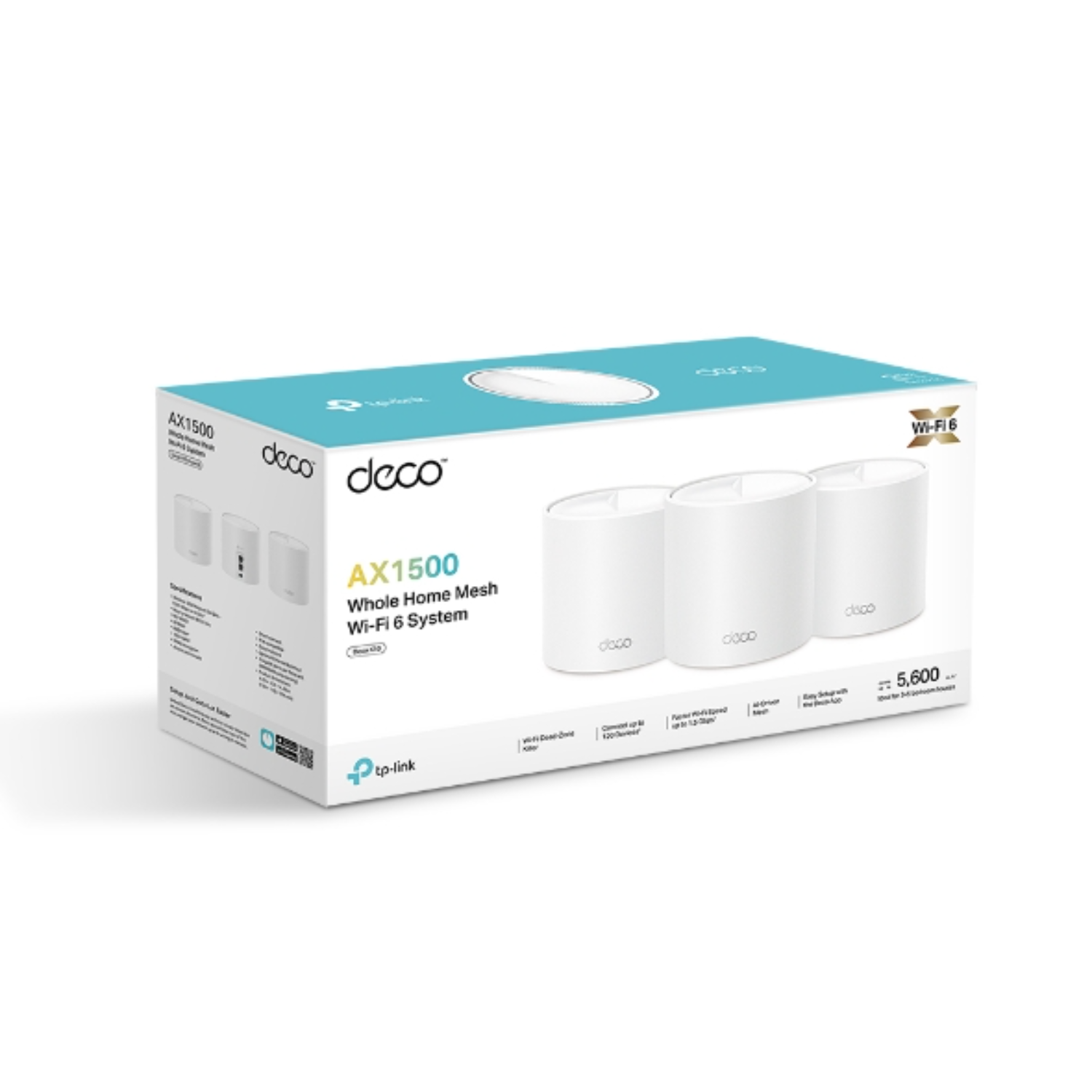 Box of a white Wi-Fi 6 mesh system. It has three white devices, and the box says AX1500, and Wi-Fi 6.