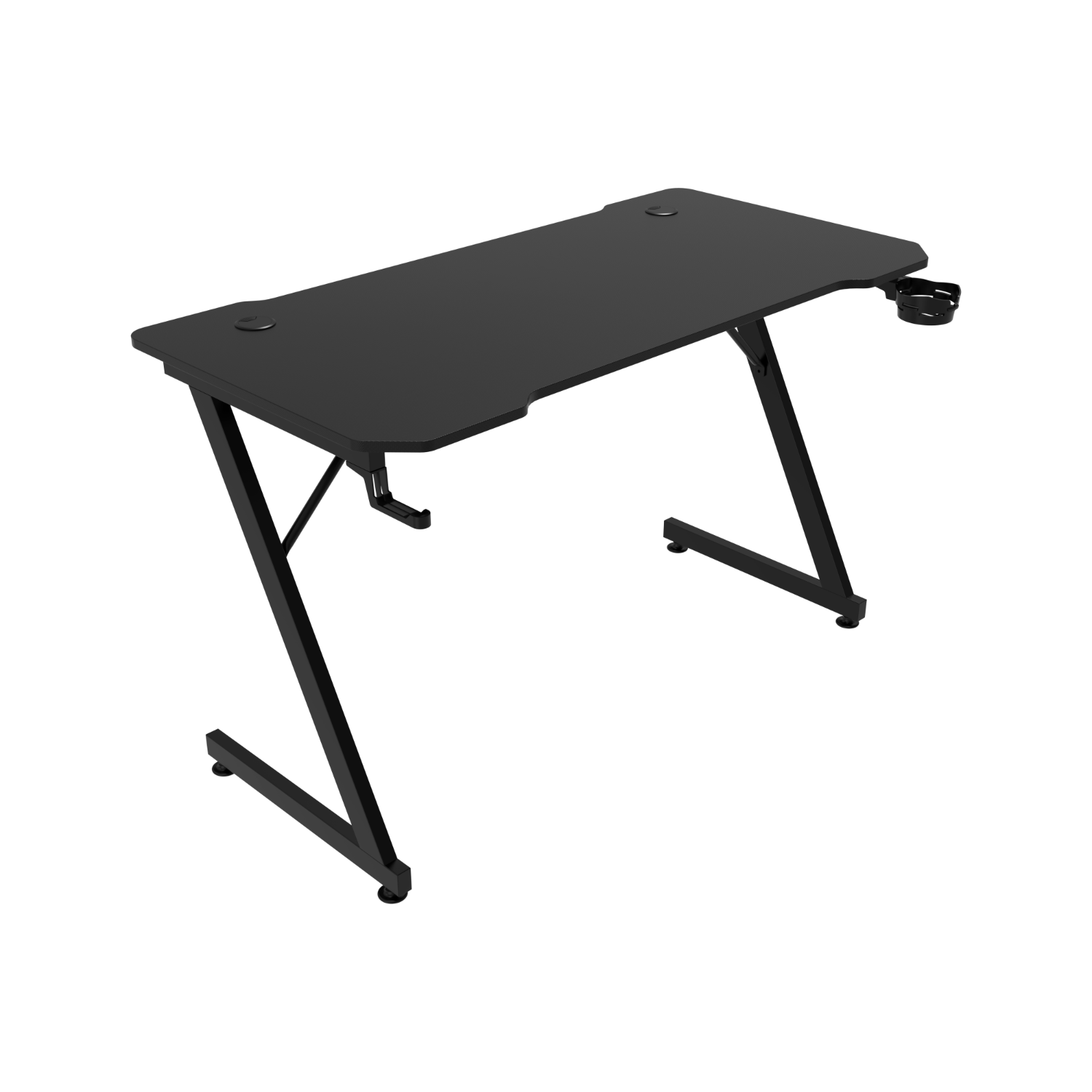 Zwarte gamingtafel met een Z-vormig frame, twee bekerhouders en een zwarte achtergrond.
