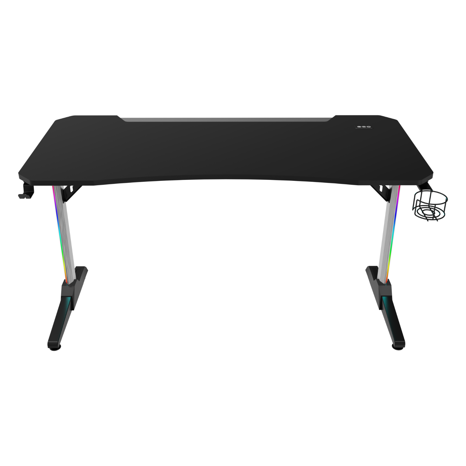 Gaming bureau met een zwart oppervlak, RGB-verlichting op de poten en een bekerhouder aan de zijkant.