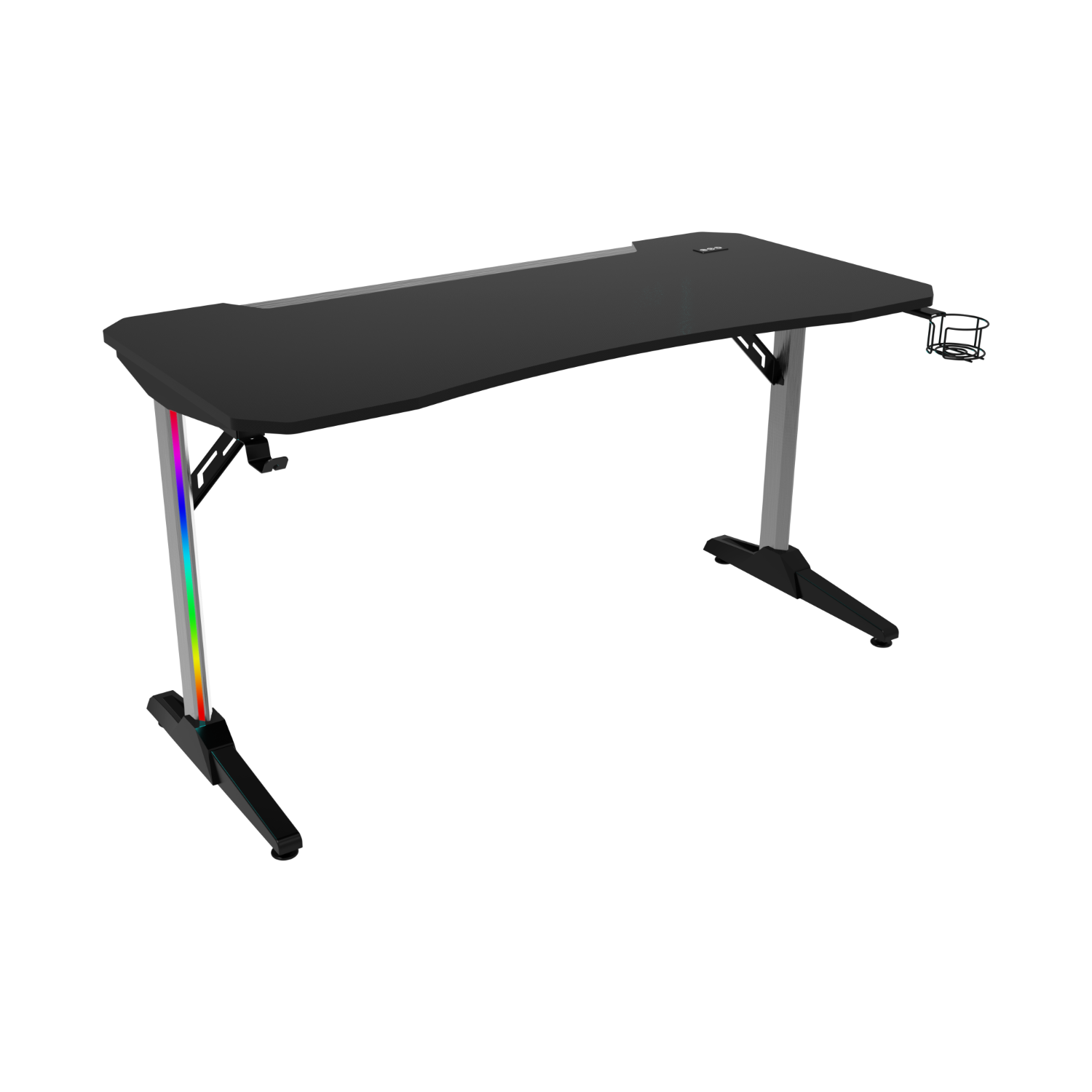 Zwart gamingbureau met RGB-verlichting op de poten. Bekerhouder inbegrepen.