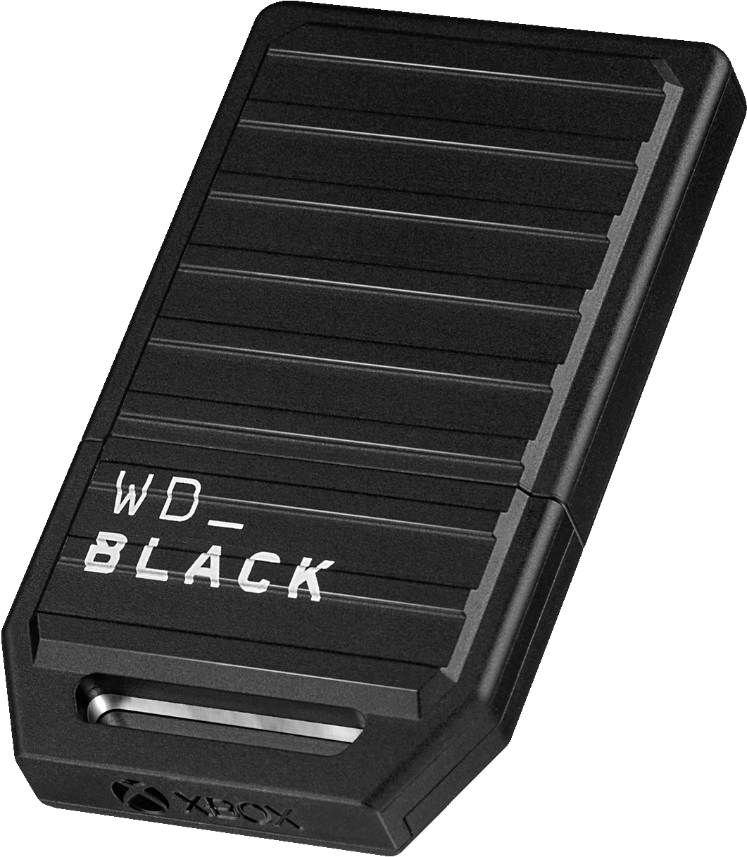 Schwarze WD_BLACK externe Festplatte mit Xbox-Logo. Geripptes Design. Schräge Ansicht.