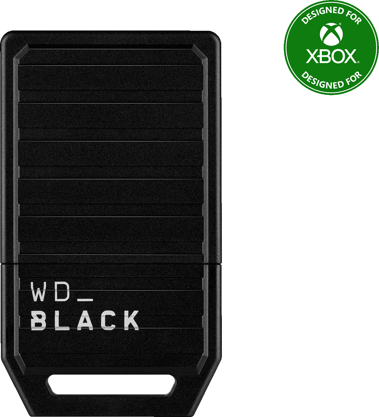 Schwarze, rechteckige, strukturierte externe Festplatte mit 'WD_BLACK' und einem grünen Xbox-Logo.