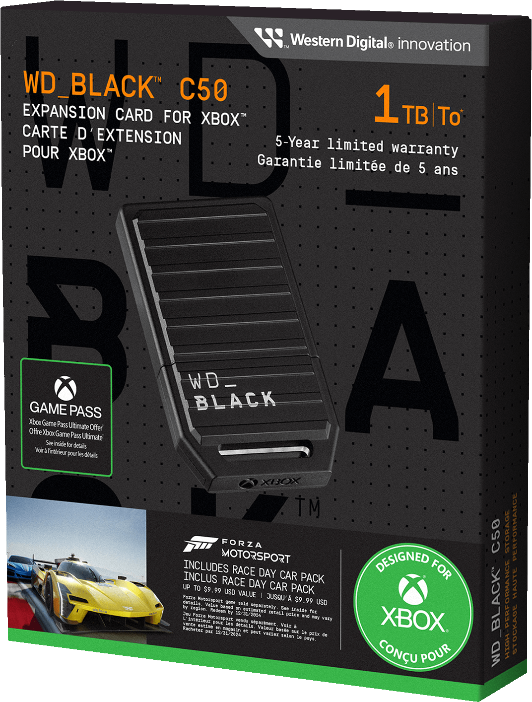 WD_BLACK C50 Erweiterungskarte für Xbox in ihrer Verpackung, mit Werbetext und Bildern.
