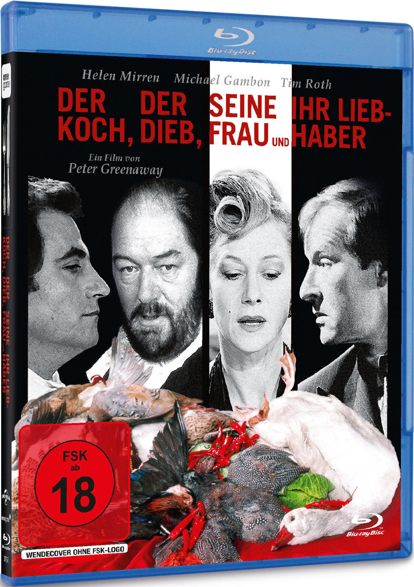 Ein Blu-ray-Filmcover mit vier Porträts und dem Titel „Der Koch, der Dieb, seine Frau & ihr Liebhaber“.