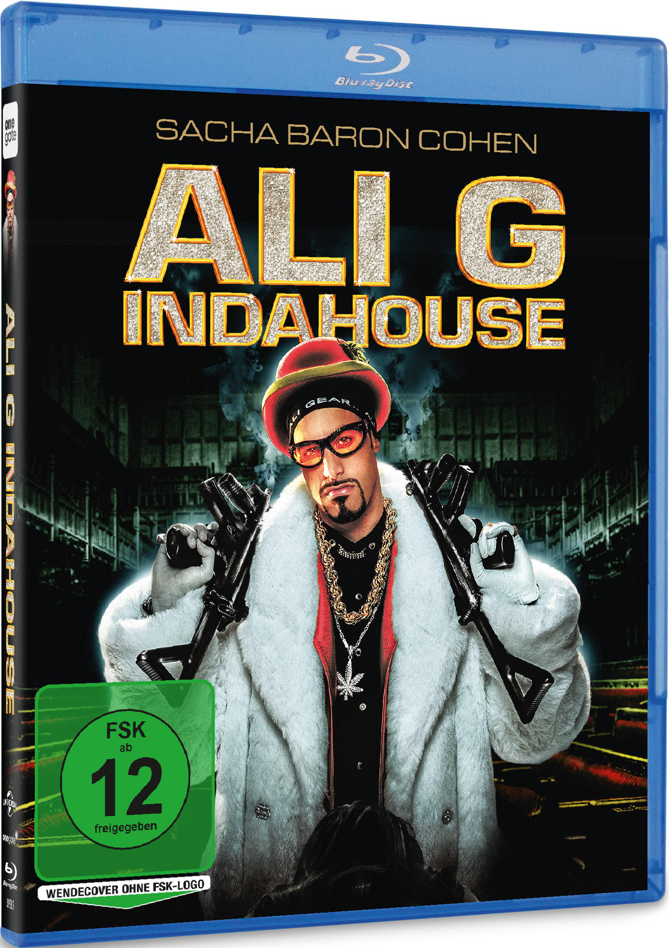DVD-Cover von Ali G Indahouse mit Sacha Baron Cohen, der Waffen hält und einen Pelzmantel trägt.
