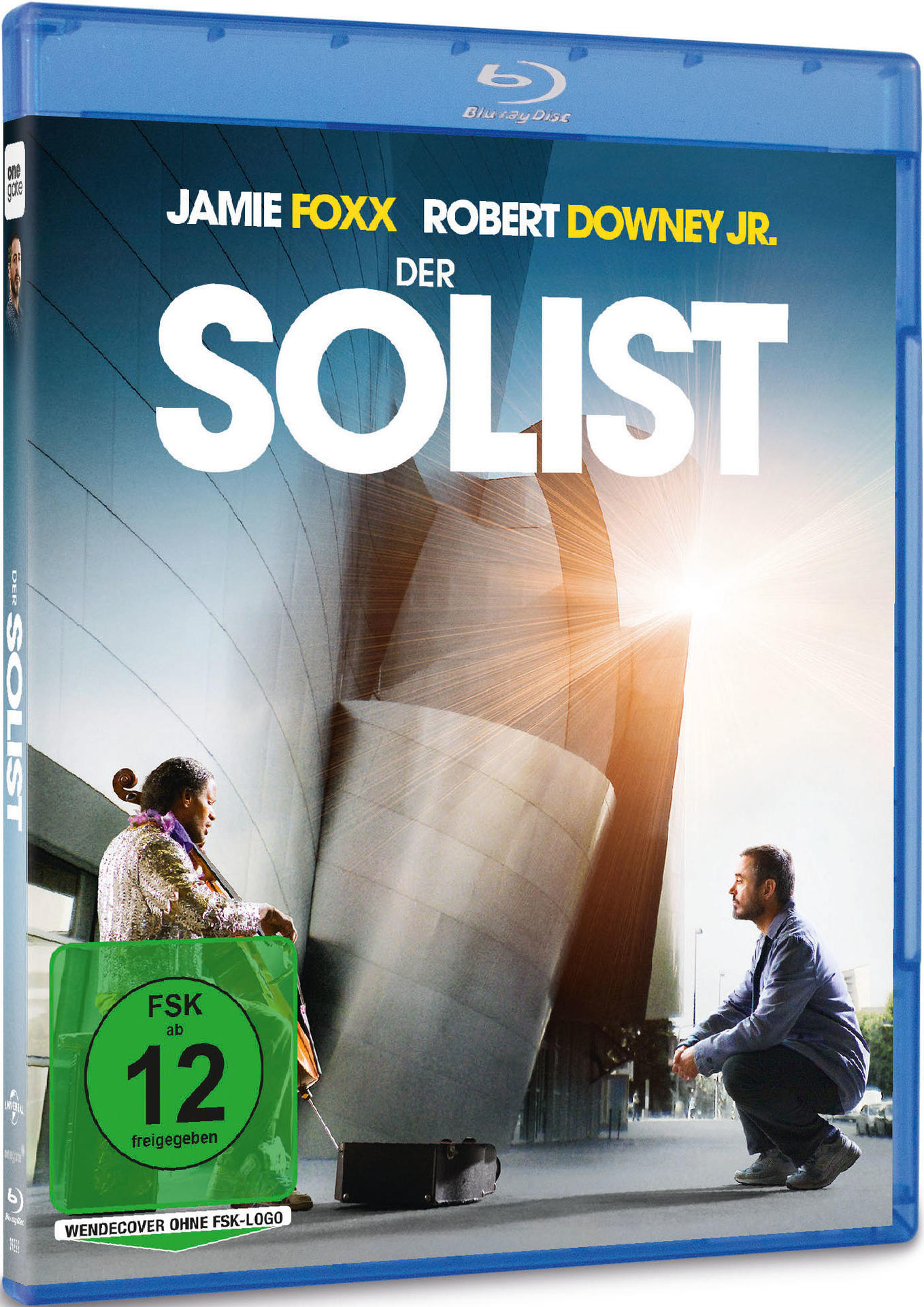 DVD-Cover: Jamie Foxx und Robert Downey Jr. in 'Der Solist' mit Cellospieler.