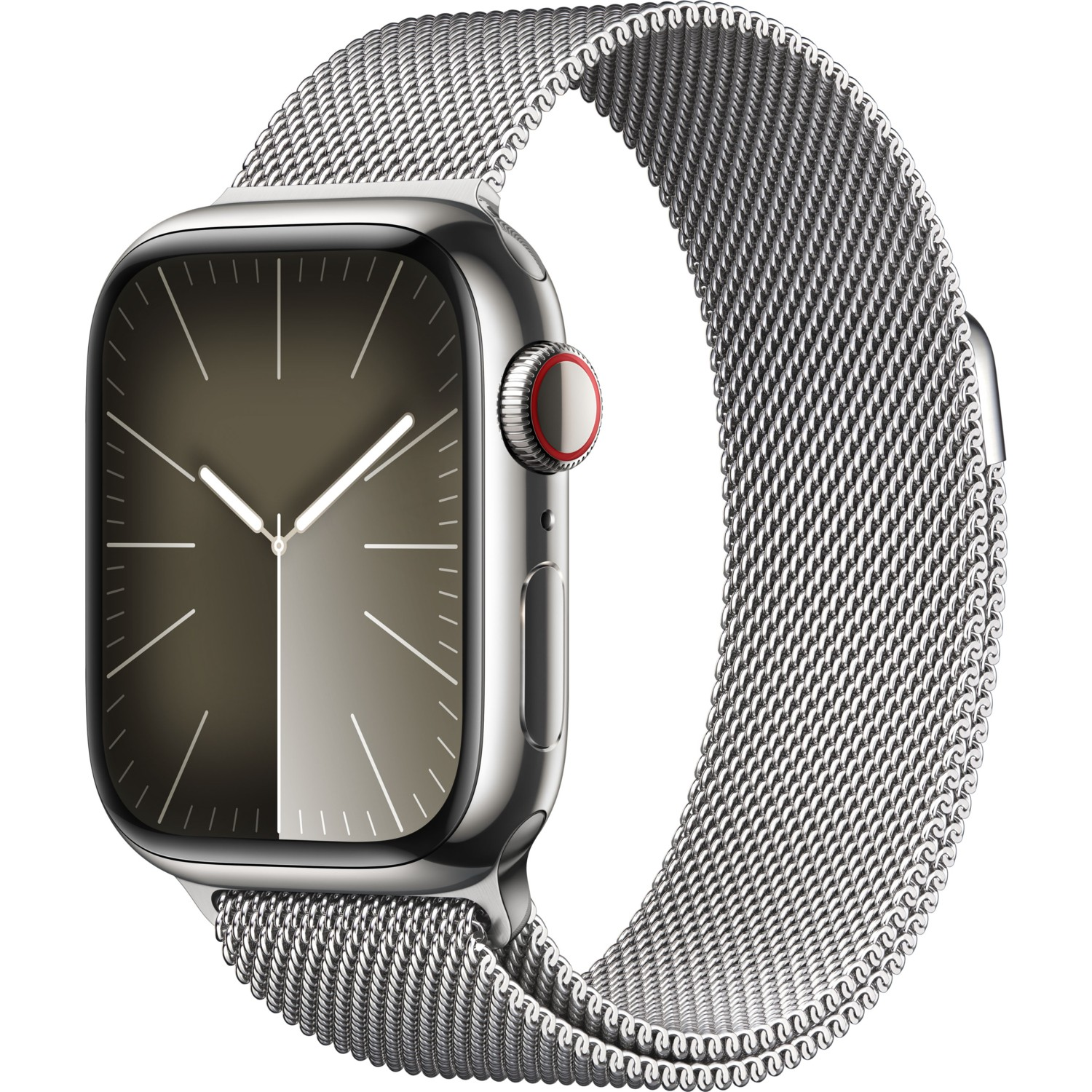 Gümüş renkli Apple Watch, gümüş kayışlı, bir saat kadranı gösteriyor. Saat beyaz bir arka planda.