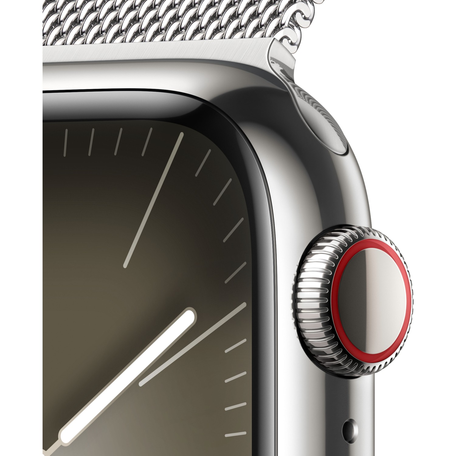 Metal bir kayışa sahip gümüş bir Apple Watch'un yakın çekimi. Saat kadranı ve yan düğme görünür.