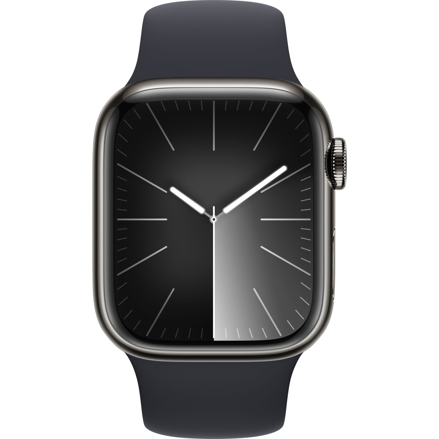 Siyah kadranlı ve siyah kayışlı Apple Watch. Ekran saat ve çizgiler gösteriyor.