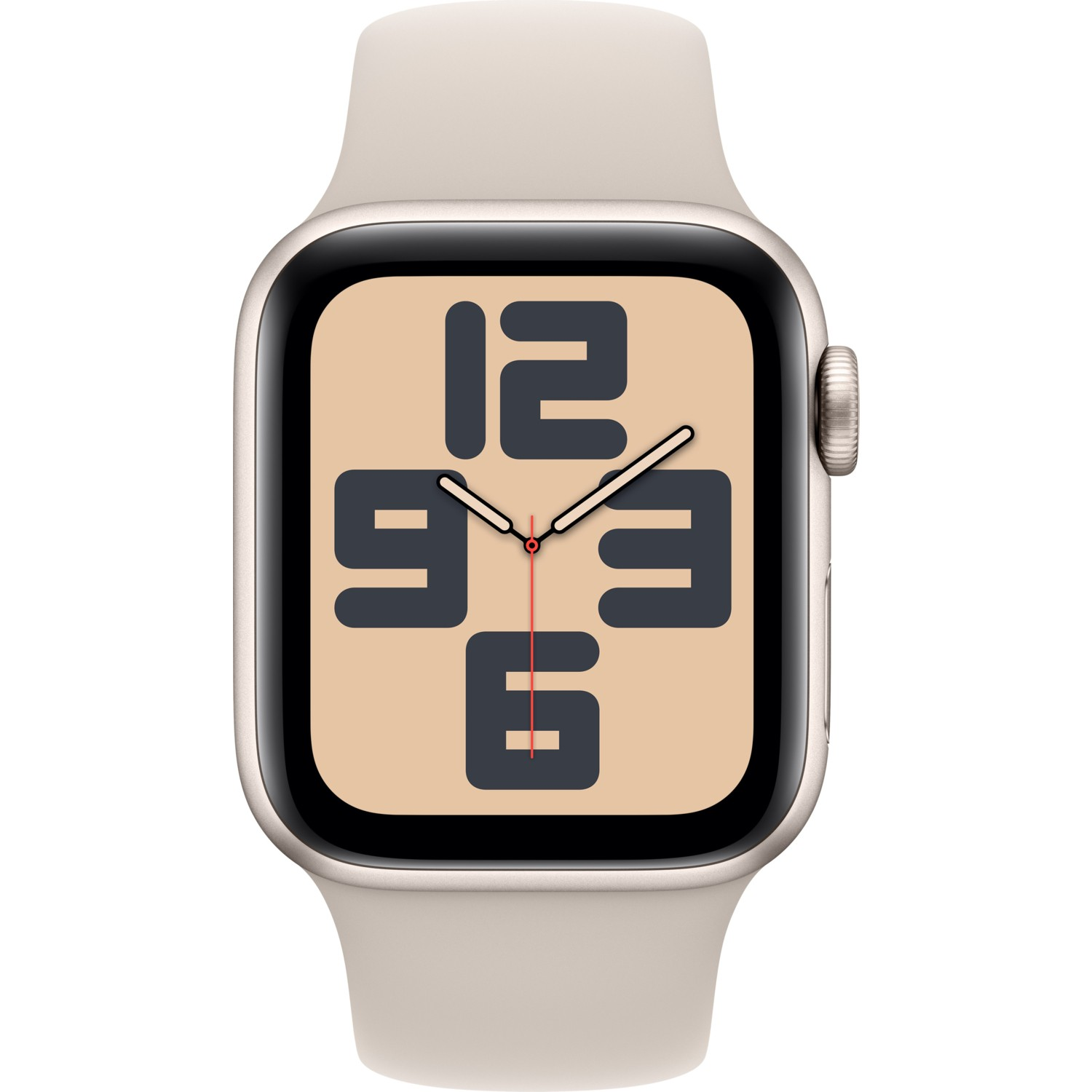 Bej bir kayışa ve büyük rakamlar gösteren dijital bir saat yüzüne sahip bir Apple Watch.
