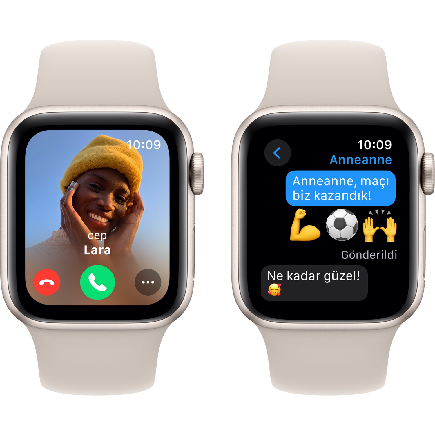 Yan yana iki Apple Watch, biri bir aramayı, diğeri ise Türkçe bir metin mesajını gösteriyor.