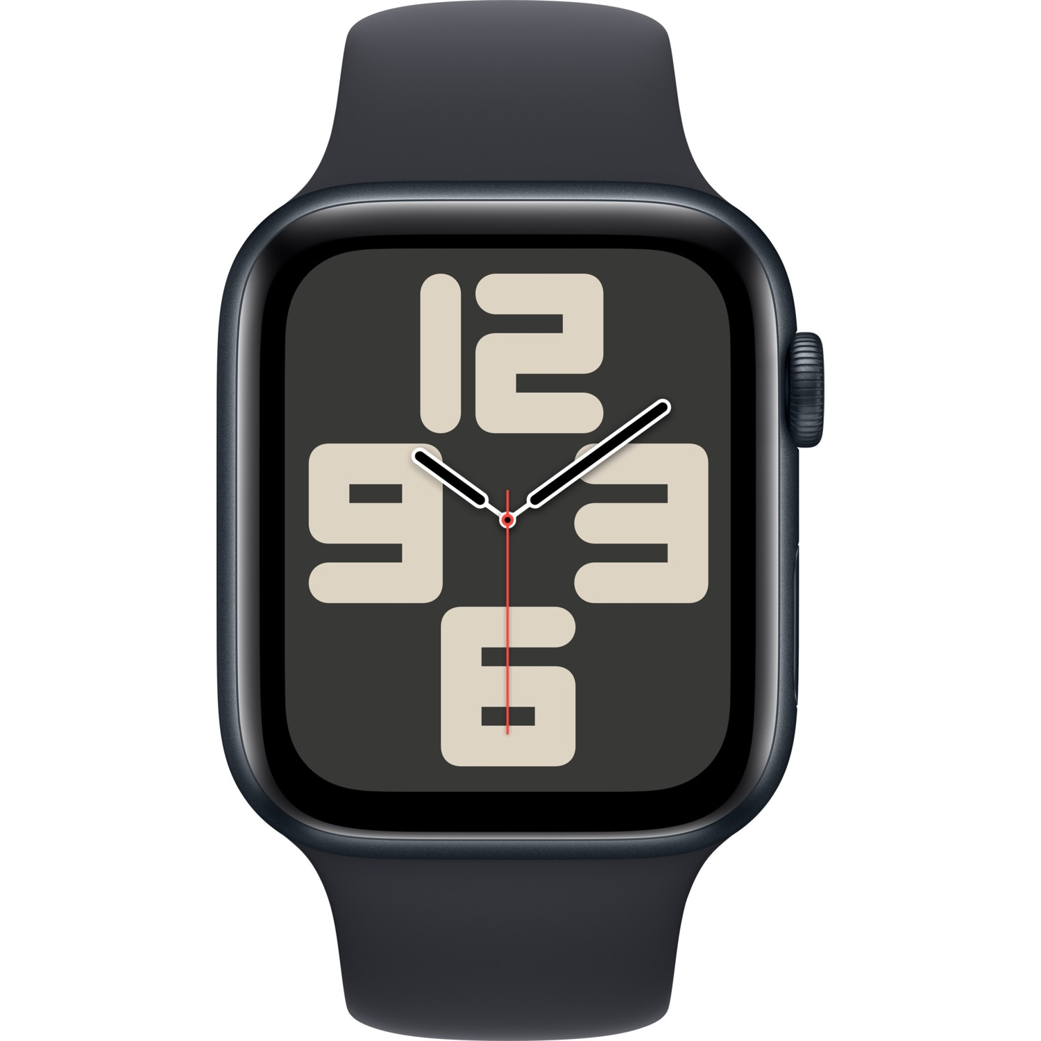 Siyah kayışlı ve koyu ekranlı Apple Watch. Sayıları, dijital zamanlı bir saat kadranını ve ibreleri gösterir.
