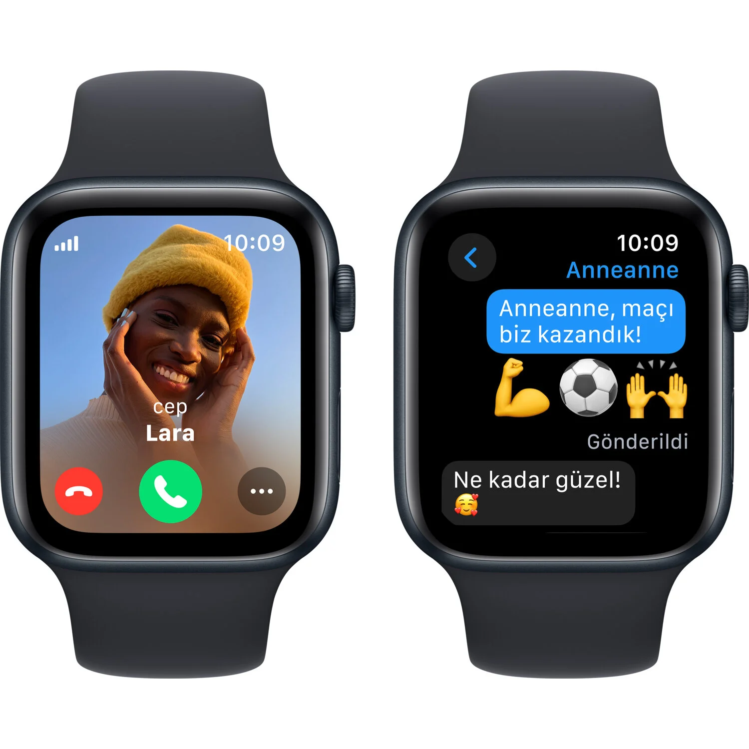 Görüntülü görüşme ve metin mesajı konuşması gösteren saat yüzleri olan iki Apple Watch.