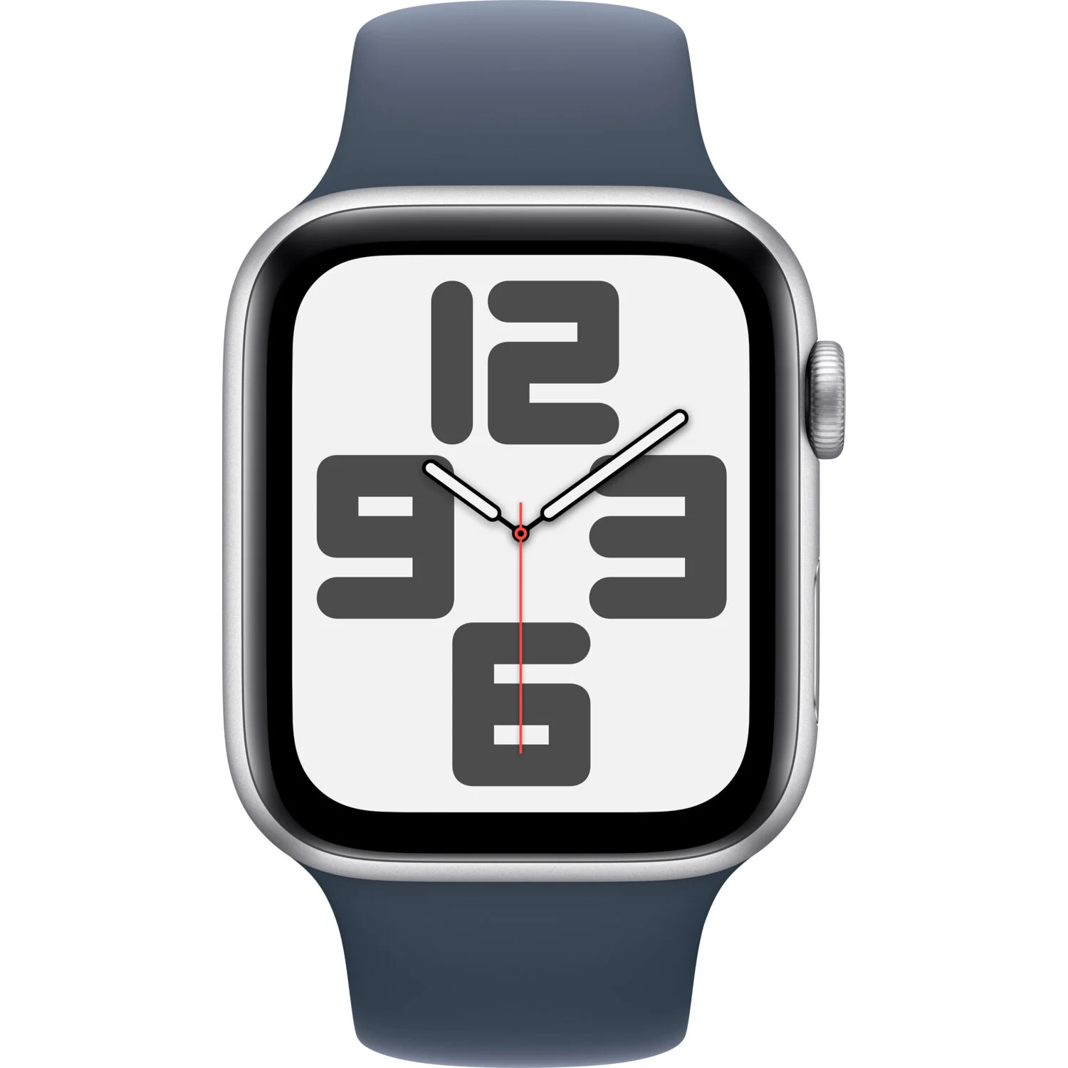 Mavi kayışlı gümüş bir Apple Watch, zamanı gösteriyor. Ekran büyük rakamlar gösteriyor.