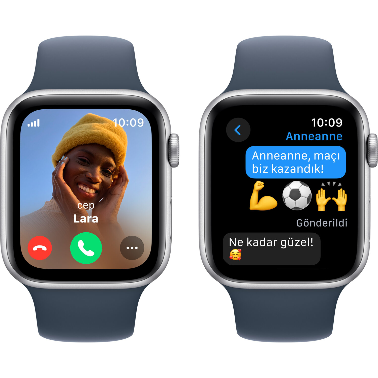 Saat yüzlerine sahip iki Apple Watch. Birisi bir video görüşmesi, diğeri bir mesaj.