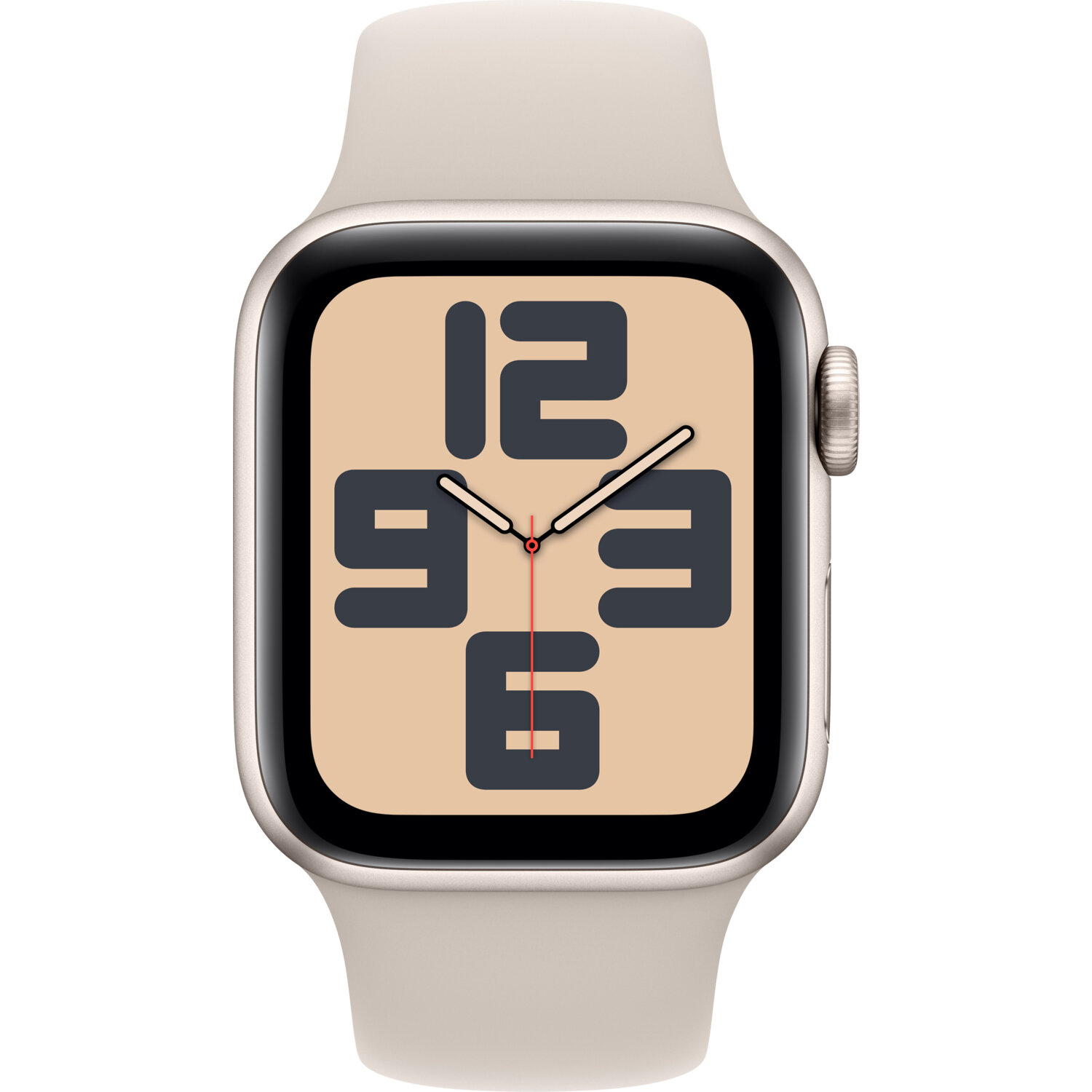 Bej kayışlı gümüş Apple Watch, saat 12:08'i gösteriyor.