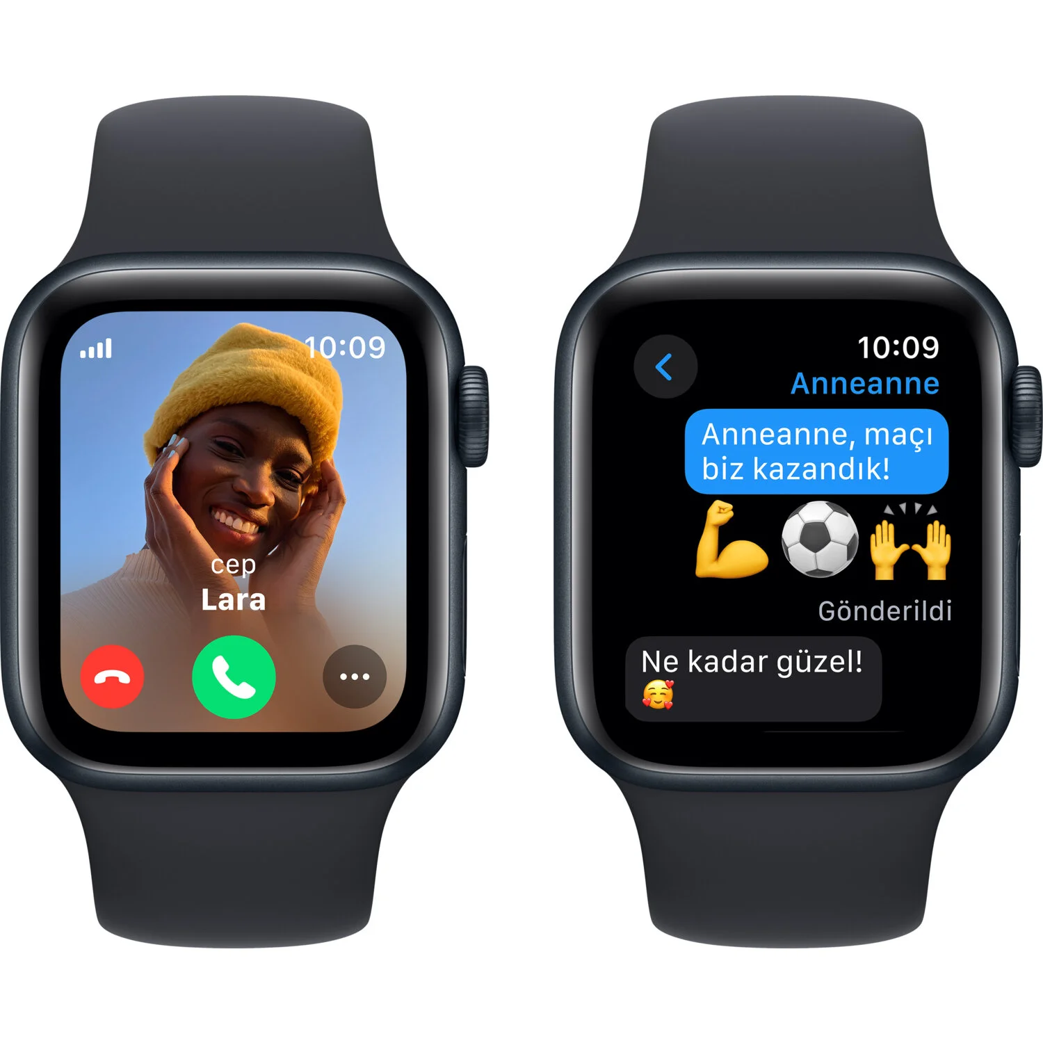 Çağrı ve metin mesajı ekranlarına sahip iki Apple Watch. Arka plan bulanık bir görüntü.