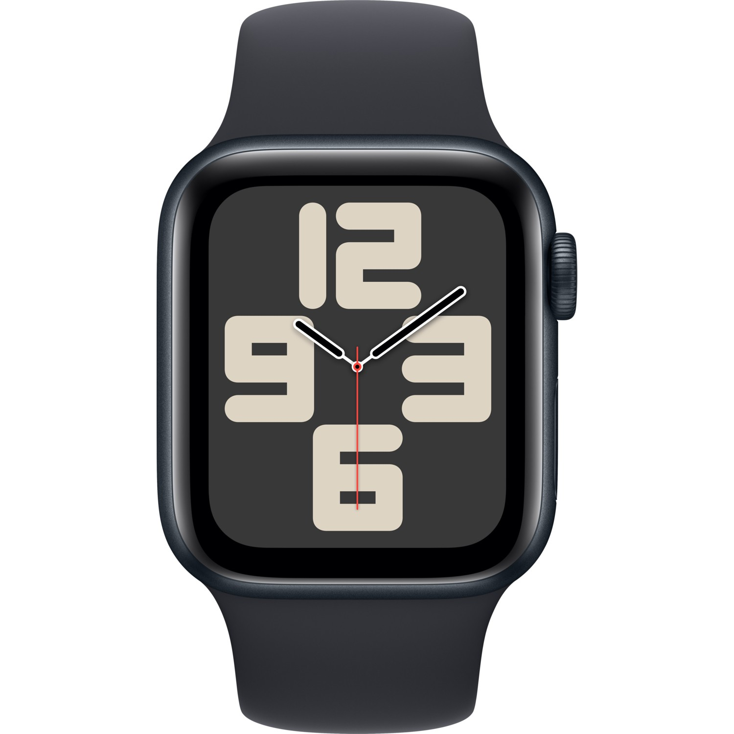 Siyah kayışlı siyah Apple Watch. Rakamlarla bir saat kadranı gösterir.
