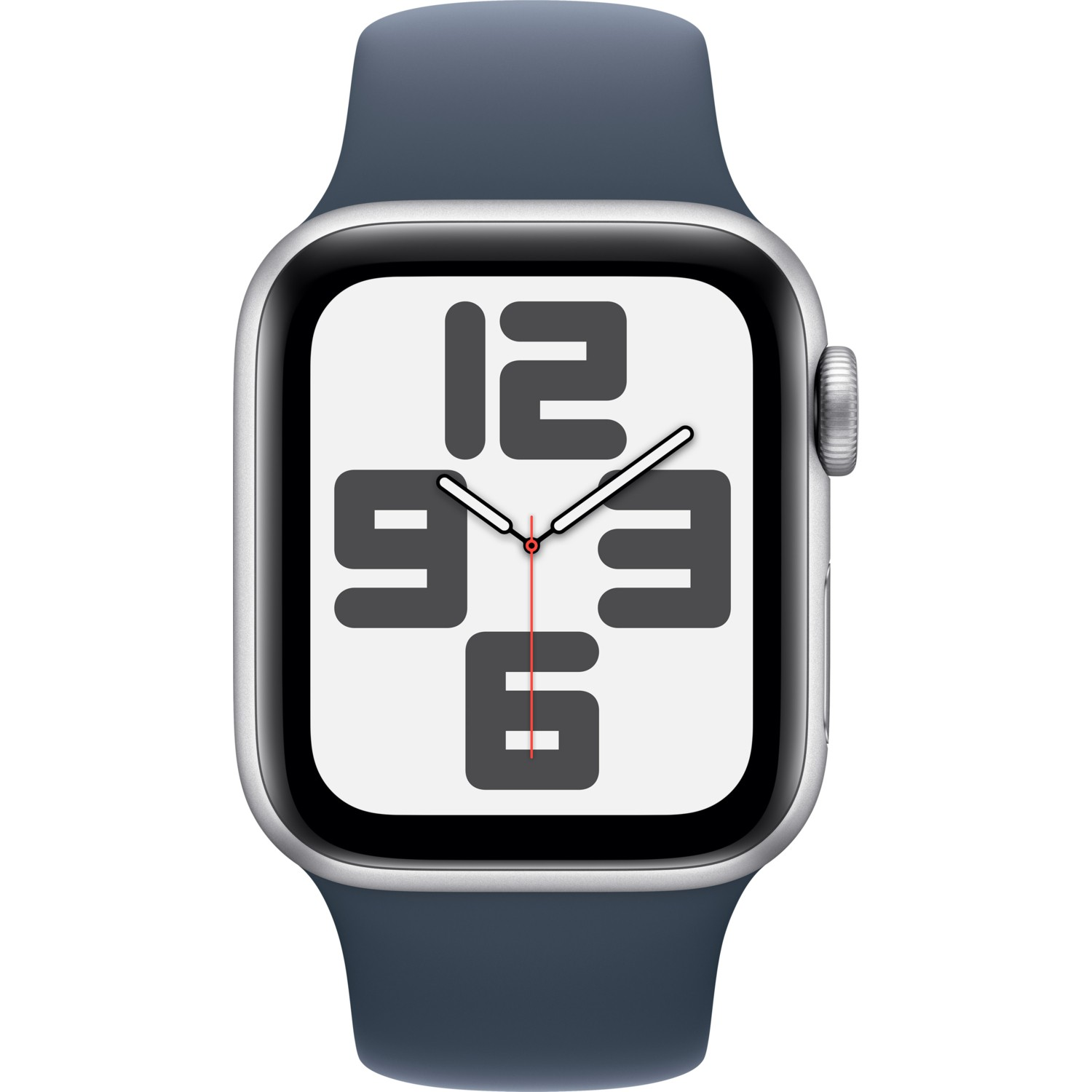 Mavi kayışlı gümüş Apple Watch. Saat kadranı büyük rakamlar gösteriyor.
