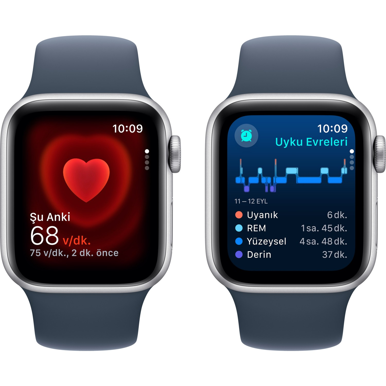 Yan yana iki Apple Watch kalp atış hızı ve uyku verilerini gösteriyor.